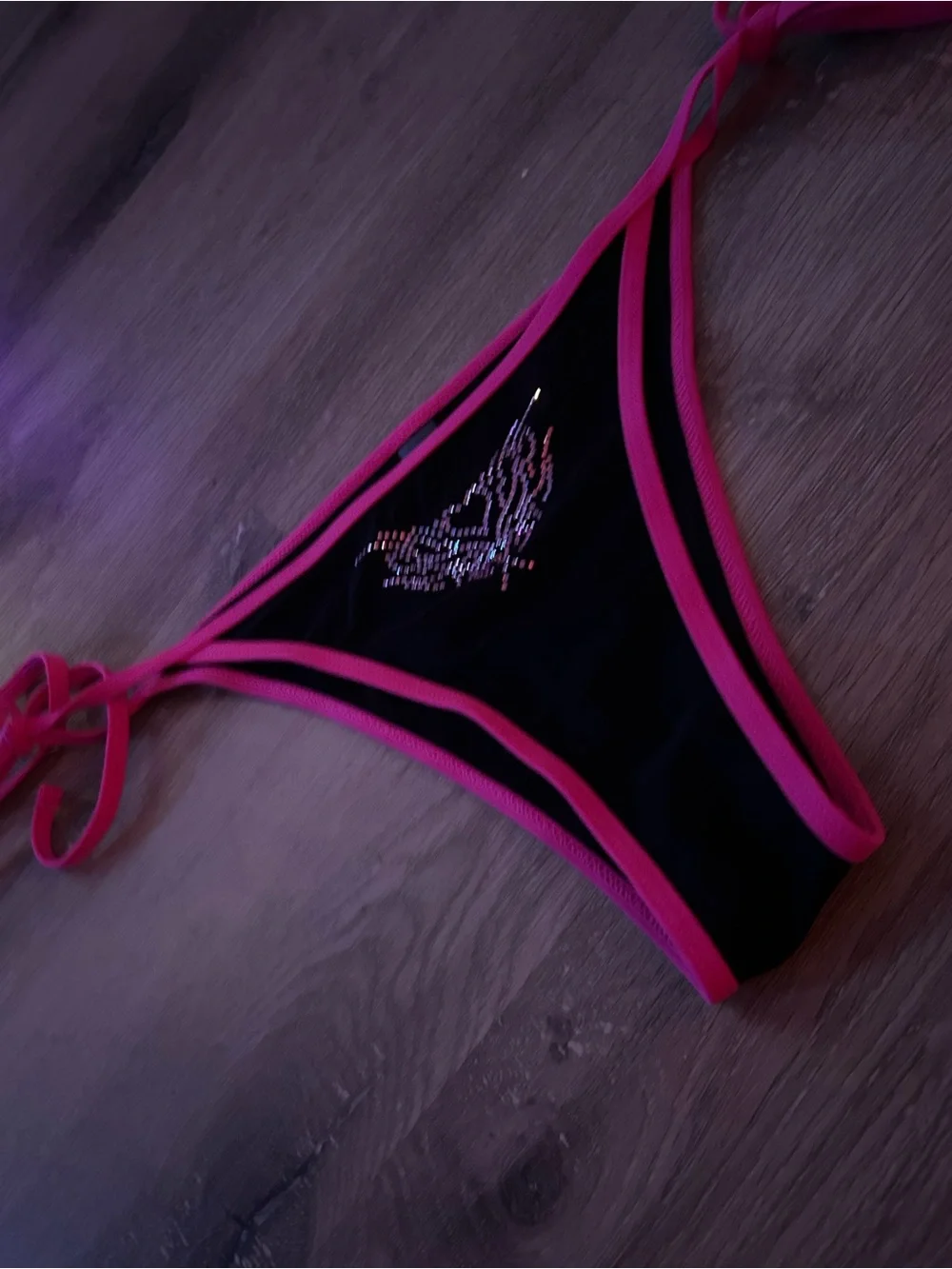 Black & Hot Pink Rhinestone cybersigilism Y2KTriangle Bikini Bottom - Women Swim